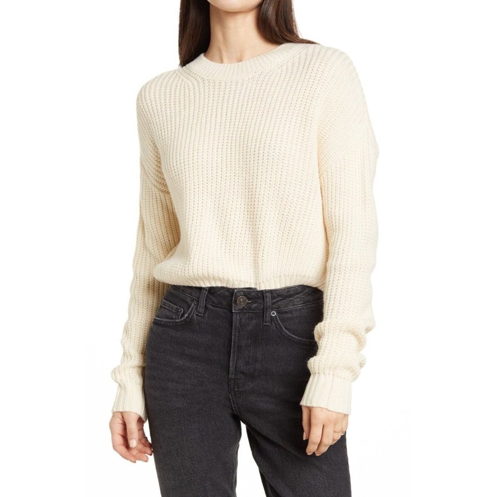 Elodie Nordstrom M Crew Neck Cropped Pullover Sweater in Cream